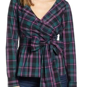Nordstrom 1901 Green Pink Plaid Faux Wrap Long Sleeve Blouse, Optional Tie Belt